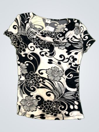 Jacqualina Riu Damen Top mit kurzem Arm in Schwarzweiß mit Blumenmuster