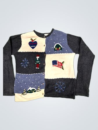 Villager Sport A Liz Claiborne Company Patchwork Weihnachtsstrickjacke