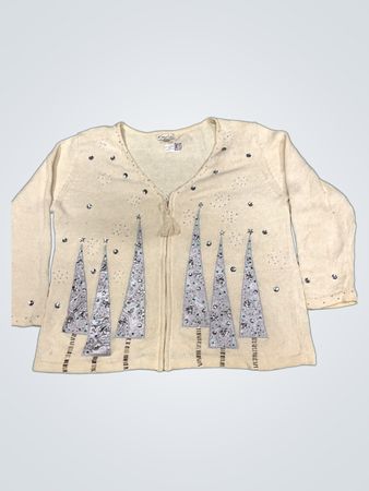 Kim Rogers Woman Cream Christmas Tree Zip Up Sweater
