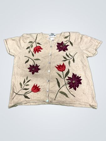 Alfred Dunner Women's Beige Floral Embroidered Button-Up Cardigan