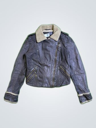 Brown Leather Jacket with Shearling Collar and Cuffs