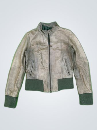Taupe Leather Jacket with Green Ribbed Accents