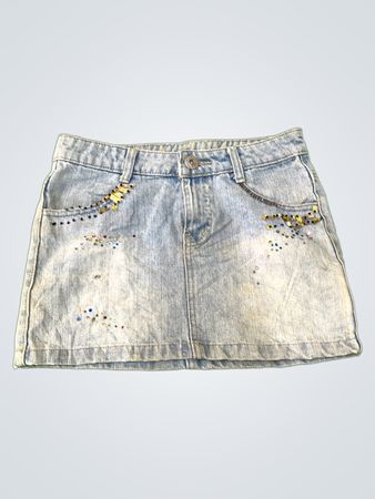 Light Blue Denim Skirt with Rhinestones
