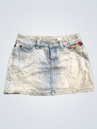 Light Blue Denim Skirt with Floral Embroidery
