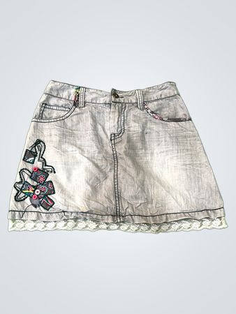 Gray Denim Skirt with Lace Trim