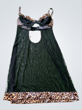 Frederick's of Hollywood Black Mesh Chemise with Leopard Trim
