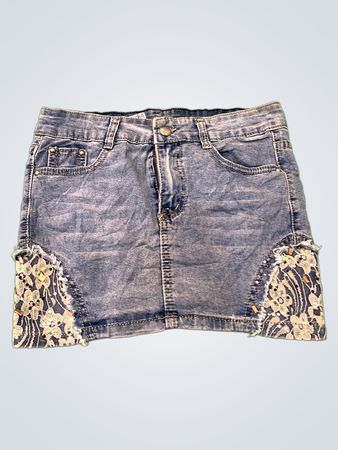 Denim Skirt with Floral Embellishments