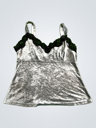 Silver Velvet Camisole with Black Lace Trim