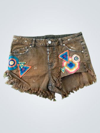 Brown Embellished Denim Shorts