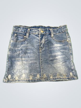 Denim Skirt with Skull and Crossbones Hem