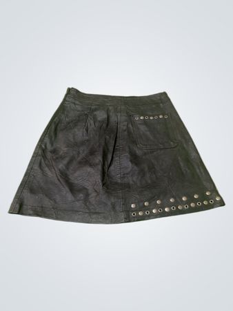 Black Leather A-line Mini Skirt with Studs