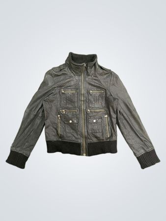 RED SKINS Black Leather Jacket with Ribbed Cuffs and Collar
