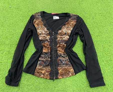 Black Mesh Zip-Up Top with Patterned Panel
