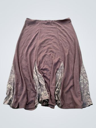 Brown A-line Midi Skirt with Patterned Inserts