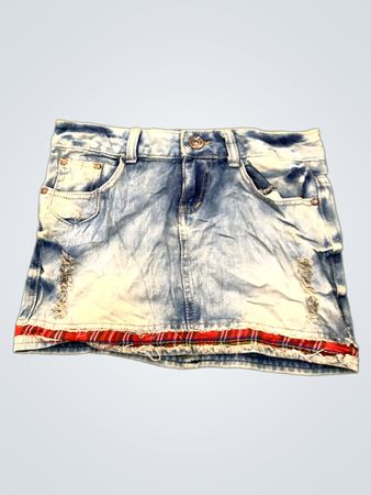 Jeansrock mit Fransen und Karo-Besatz