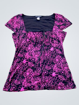 SARAH SPENCER Black & Pink Floral Print Square Neck Top