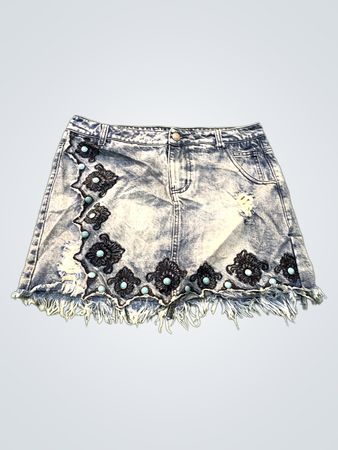 L&Sisters Damen-Jeansrock mit bestickten Blumen und Türkis-Perlen