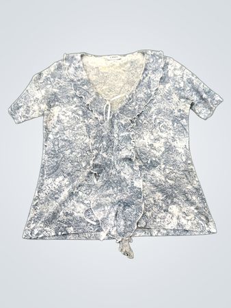 VAN Damen Blau-Weiß gemustertes Kurzarm-Rüschen-Cardigan