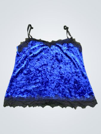 Blaue Samt-Camisole mit schwarzer Spitzenverzierung