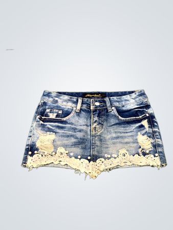 Magiclure Jeans Wear Denim Skirt with Lace and Pearls