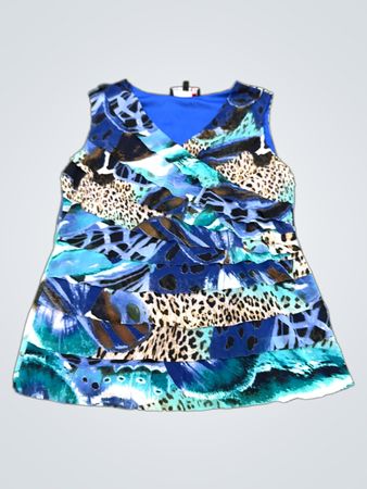 Laura PETITES Women's ärmelloses blaues Top mit Leopardenmuster und gestuften Rüschen