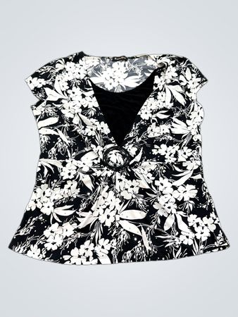 Brittany Black Black and White Floral Print Top with Ring Detail