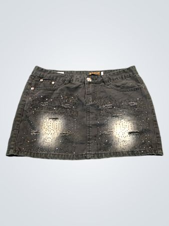 CHENGPONGFENYAN Jupe en denim noire pour femme avec strass