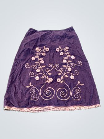 Brown Corduroy Skirt with Floral Embroidery