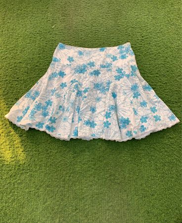 White skirt with blue floral embroidery