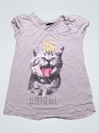 Graues T-Shirt mit "U.N.I.Q.U.E." Katzen-Grafik