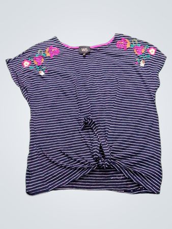 W5 Damen Navy gestreiftes besticktes Top mit Krawattenverschluss