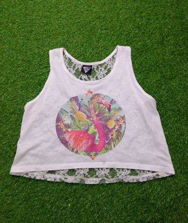 Weißes Tanktop mit Flamingo-Grafik und Spitzenbesatz