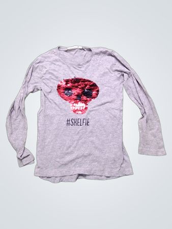 Graues Langarm-T-Shirt mit Totenkopf-Pailletten-Design und #Skelife