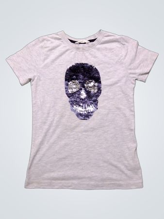 Grau T-Shirt mit Pailletten-Schädelgrafik