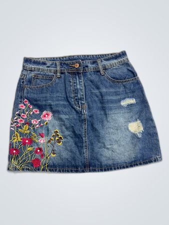 Denim Mini Skirt with Floral Embroidery