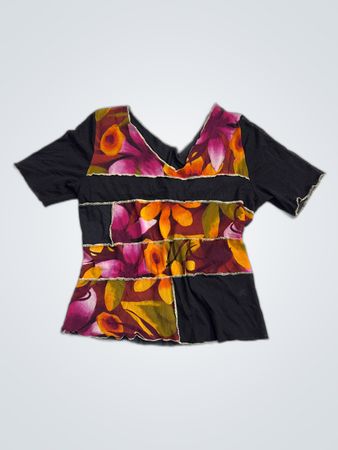Printed Patchwork V-Neck Blouse