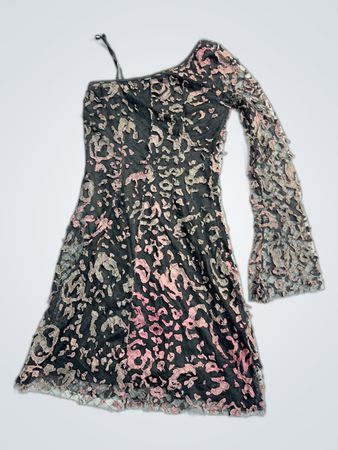 Black and Pink Leopard Print One-Shoulder Mini Dress
