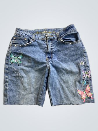 Denim Shorts with Butterfly Embroidery