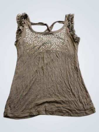 Brown Sleeveless Top with Ruffled Details and Beaded Chest