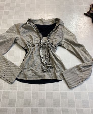 Gray Striped Tie Front Blouse