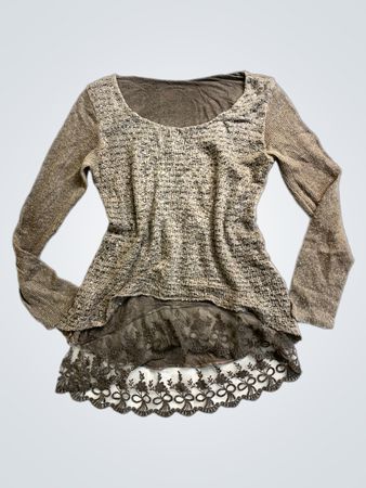 Brown Long-Sleeve Top with Lace Trim