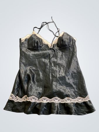 Black Satin Chemise with Lace Trim