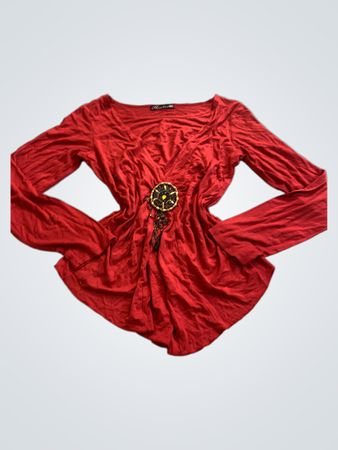 Red Long-Sleeve Top with Embellishment