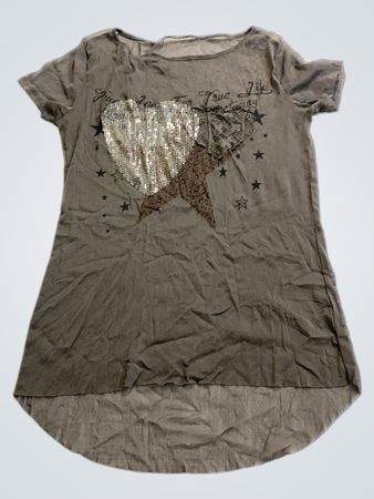 Gray T-Shirt with Sequined Heart Design