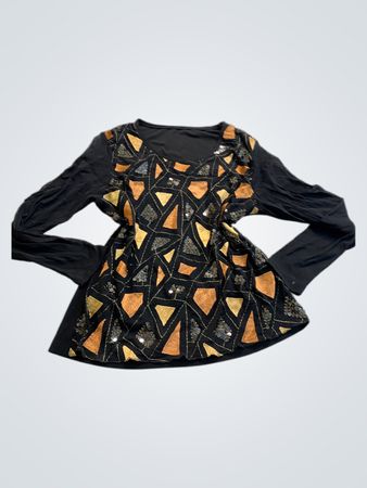 Black Long-Sleeve Top with Geometric Pattern
