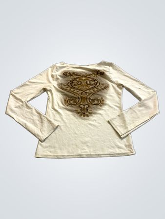 Long Sleeve Cream Top with Paisley Graphic