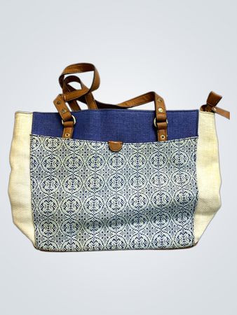 Tote bag with blue and cream panels and leather straps