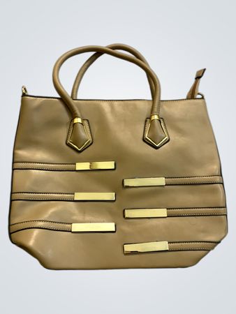 Tan tote handbag with gold accents