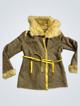 Brown Faux Suede Coat with Yellow Trim and Fur Collar
