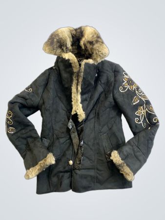 Black jacket with fur trim and embellished sleeves